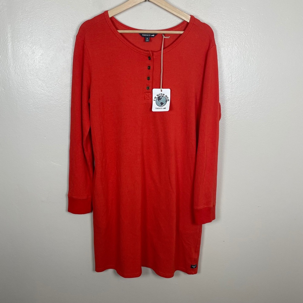 Toad&Co Women's M Ponderosa LS Dress Red Ribbed Henley Organic Cotton NEW